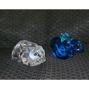 Art Glass Bunny Rabbit Sculpture Figurine Paperweight Set 2 Clear & Cobalt Blue